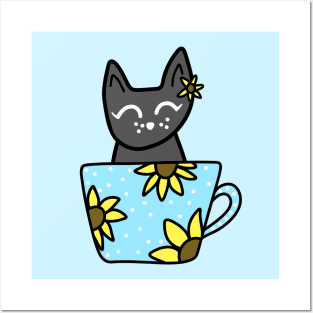 Black Cat in a Blue and White Polka Dot Sunflower Mug, made by EndlessEmporium Posters and Art